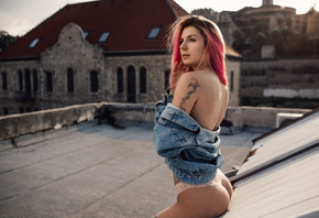 women, pink hair, ass, tattoo, denim, panties, women outdoors, dyed hair, rooftops, bare shoulders, looking away