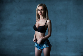 women, blonde, blue eyes, belly, jean shorts, skinny, black bras, simple ba ...