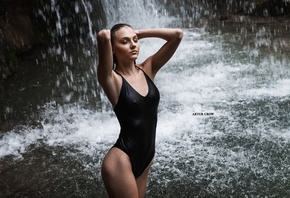 women, waterfall, nipples through clothing, water, wet hair, wet body, clos ...