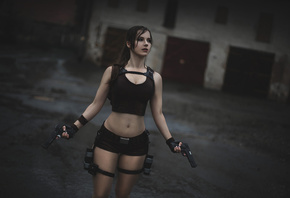 model, cosplay, gun, Lara Croft