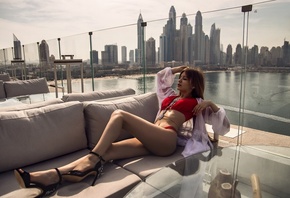 Alina Maier, women, ass, high heels, couch, belly, building, red bikini, brunette, women outdoors