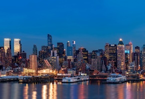 new york, metropolis, skyscrapers, river, reflection, urban, night, lights