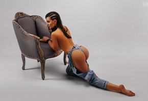 women, torn jeans, watch, tattoo, ass, brunette, simple background, looking away, kneeling