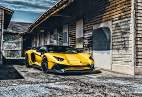Lamborghini, Aventador, supercars, cars, abandoned house, HDR, yellow