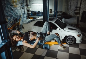 women, Artem Solovev, Garage, sneakers, women with cars, overalls, torn cl ...