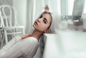 women, portrait, blue eyes, dyed hair, white hair, chair