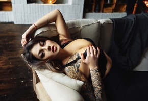 women, black skirts, tattoo, nose ring, couch, red nails, black bras, portr ...