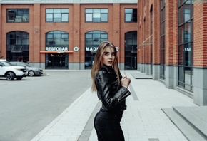 women, jeans, leather jackets, portrait, women outdoors, car, bricks, black clothing, gray eyes