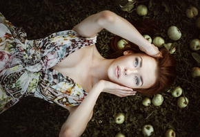 women, top view, dress, cleavage, portrait, grass