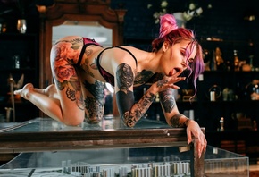 women, dyed hair, brunette, tattoo, table, glass, open mouth, tongues, hairbun, lingerie, nose ring