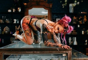 women, dyed hair, brunette, tattoo, table, glass, lingerie, nose ring, hair ...