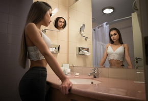 women, Anastasia Lis, mirror, reflection, bathroom, jeans, long hair, brune ...
