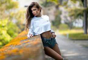 women, Marco Squassina, brunette, skinny, jean shorts, trees, women outdoor ...