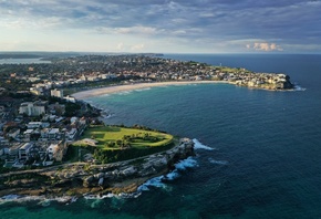 Australia, Tamarama, Ocean, Horizon, Building, Houses, Seashore, Cliff, Vacation, Holiday