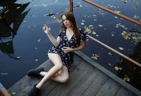 women, sitting, dress, sneakers, pier, Artyom Mernaev, water, leaves, women outdoors