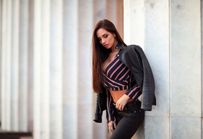 women, leather jackets, jeans, women outdoors, belt, long hair, pink lipsti ...