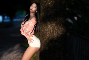 women, Marco Squassina, jean shorts, straight hair, trees, bare shoulders,  ...