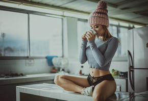 women, blonde, belly, cup, sitting, black panties, sneakers, kitchen, window