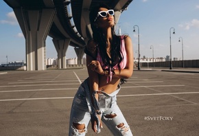 women, brunette, overalls, sunglasses, bridge, torn clothes, long hair