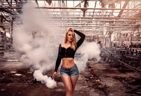 women, blonde, brunette, smoke, belly, red nails, jean shorts, abandoned, r ...