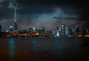 Chicago, Night, Skyscrapers, Metropolis, Lightning Rod