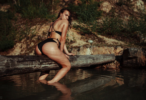 women, brunette, river, swimwear, wet body, wet hair, women outdoors, sitti ...