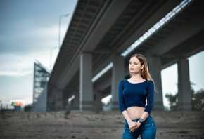 women, nipples through clothing, jeans, looking away, long hair, bridge, women outdoors, belly