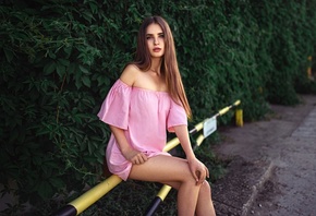 women, portrait, pink dress, women outdoors, sitting, bare shoulders