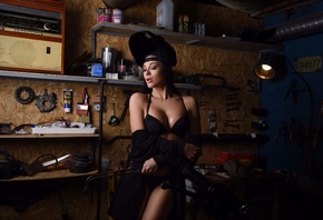 women, Oksi Konovalova, brunette, tools, welding mask, black lingerie, pink lipstick