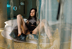 women, Aleksandr Semanin, black lingerie, tattoo, in bed