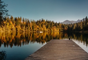 pier, Forest, Water, Mountains, Nature