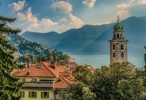 Lugano, mountain landscape, lake, morning, sunrise, fog, Switzerland