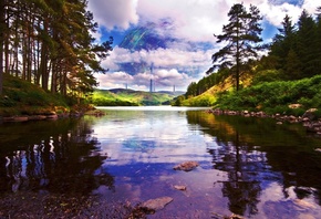 futuristic, Planet, Science fiction, Lake, Hills, Water