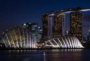 , marina bay sands, , , , , , , , night, lights, river, the city, promenade, construction, building, singapore