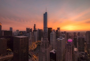 Chicago, Skyscrapers, Orange Sky, Sunset, Urban, Buildings, Modern Architec ...