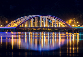 South Korea, night, bridge, Seoul, neon, lights, cityscape, reflectio