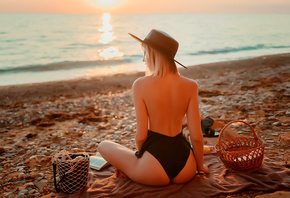 women, blonde, brunette, one-piece swimsuit, ass, sunset, sea, beach, women ...