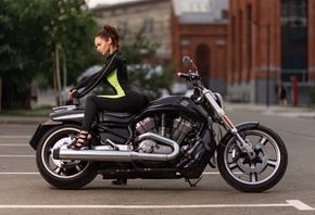 women, ass, sitting, women with motorcycles, brunette, high heels, Harley Davidson, trees, looking away, red nails, building