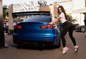 women, yoga pants, sneakers, Nike, smiling, Mitsubishi, women outdoors, long hair, T-shirt, leggings, women with cars