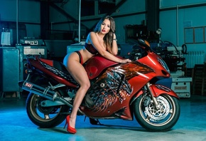 women, high heels, red lipstick, women with motorcycles, ass, watch, black lingerie, Garage