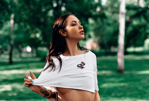 women, underboob, grass, looking away, boobs, crop top, trees, women outdoo ...