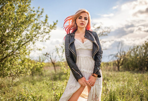 women, dyed hair, white dress, women outdoors, leather jackets, cleavage