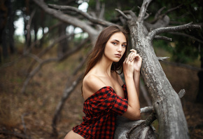 women, portrait, trees, plaid shirt, boobs, long hair, women outdoors