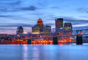 Louisville, sunset, modern buildings, bridge, Kentucky