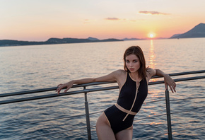 women, sunset, one-piece swimsuit, boat, brunette, women outdoors, fence, Ekaterina Koroliova