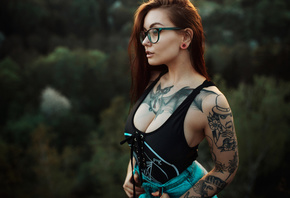 women, tattoo, looking away, pierced nose, portrait, women with glasses, wo ...