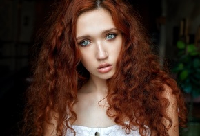 women, redhead, face, portrait, pink lipstick, green eyes, white dress