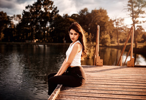 women, sitting, pier, lake, water, trees, women outdoors, hoop earrings