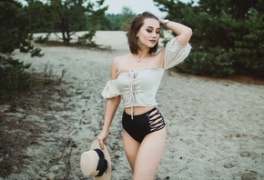 women, swimwear, belly, bare shoulders, hat, necklace, sand, women outdoors, watch, trees, smiling, brunette