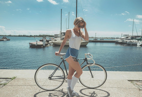 Casy Lynn, women, blonde, women with bicycles, sportswear, high waist shorts, sunglasses, ponytail, women outdoors, tattoo, white stockings, sneakers, brunette, sea, boat, chains